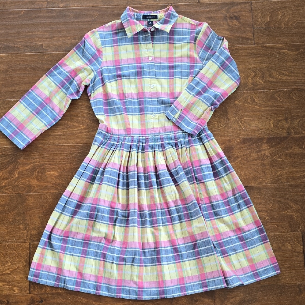 Lands' End Pastel Plaid Button‑Front Midi Dress — Pink, Yellow, Blue